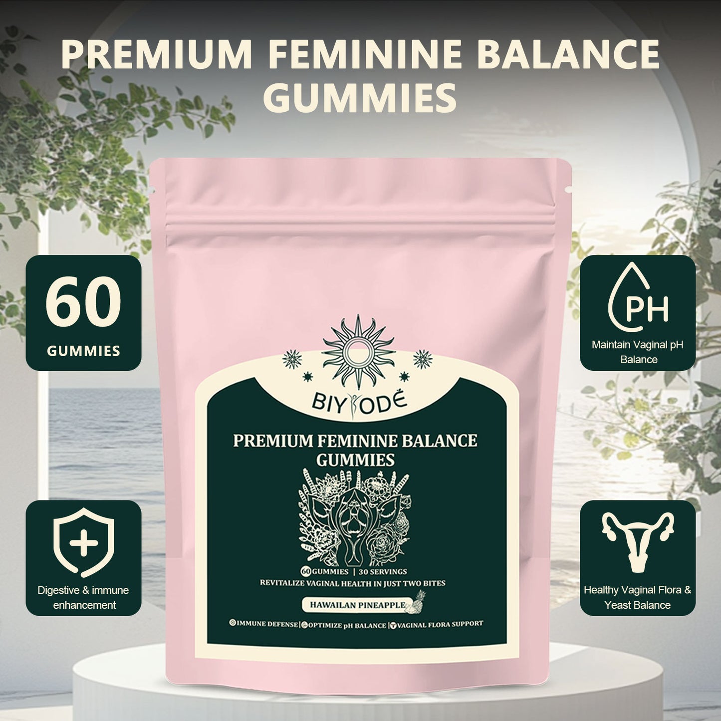 BIYODÉ Premium Feminine Balance Gummies | 1 Billion CFUs, Vegan, No Added Sugar | Hawaiian Pineapple, 60 Count