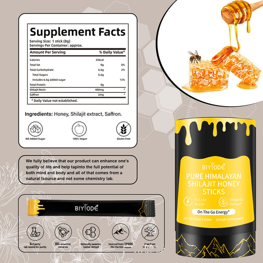 BIYODE Shilajit Honey Sticks - Natural Energy Supplement with Saffron