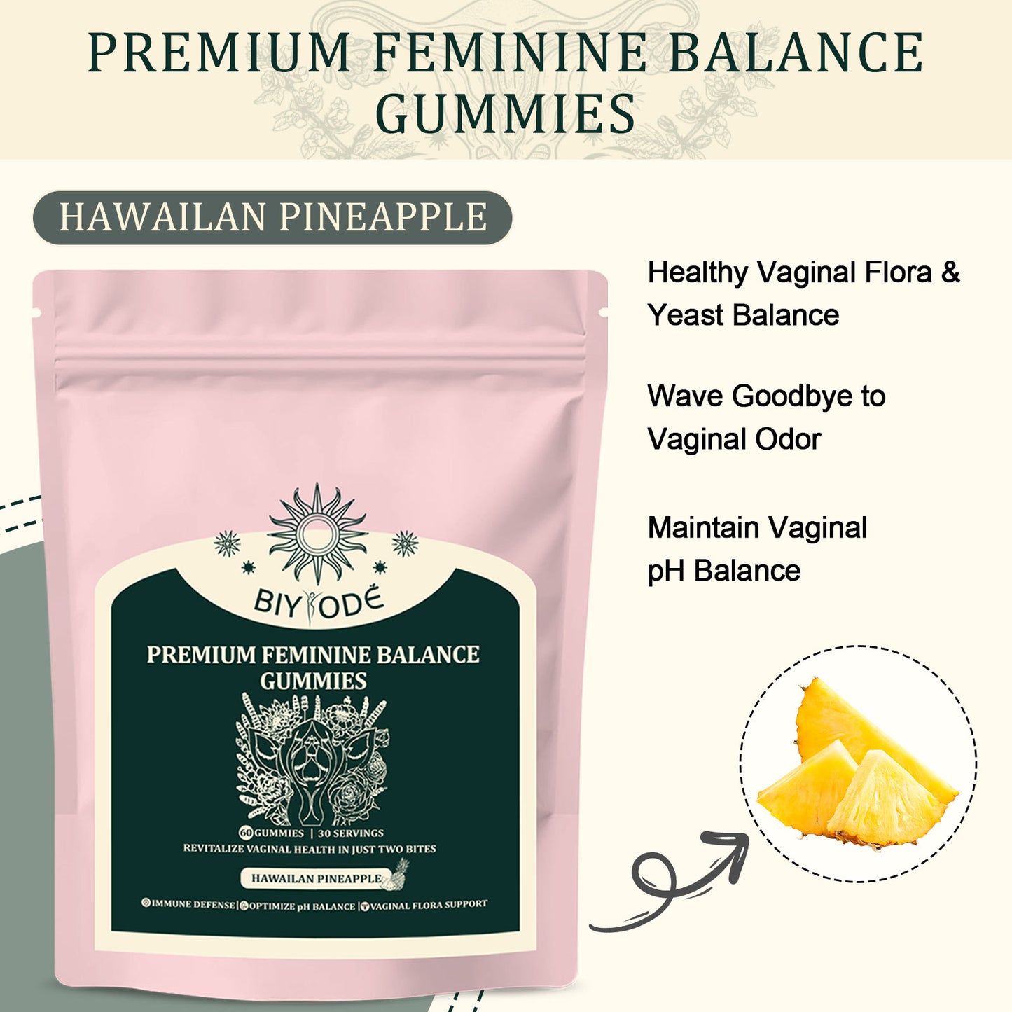 BIYODÉ Premium Feminine Balance Gummies | 1 Billion CFUs, Vegan, No Added Sugar | Hawaiian Pineapple, 60 Count