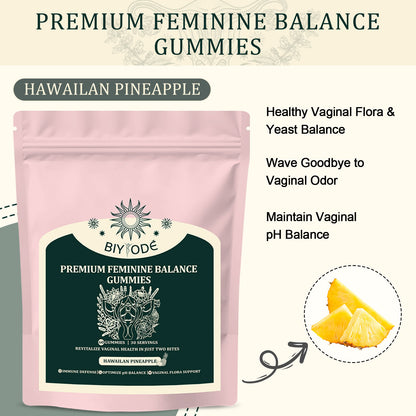 BIYODÉ Premium Feminine Balance Gummies | 1 Billion CFUs, Vegan, No Added Sugar | Hawaiian Pineapple, 60 Count