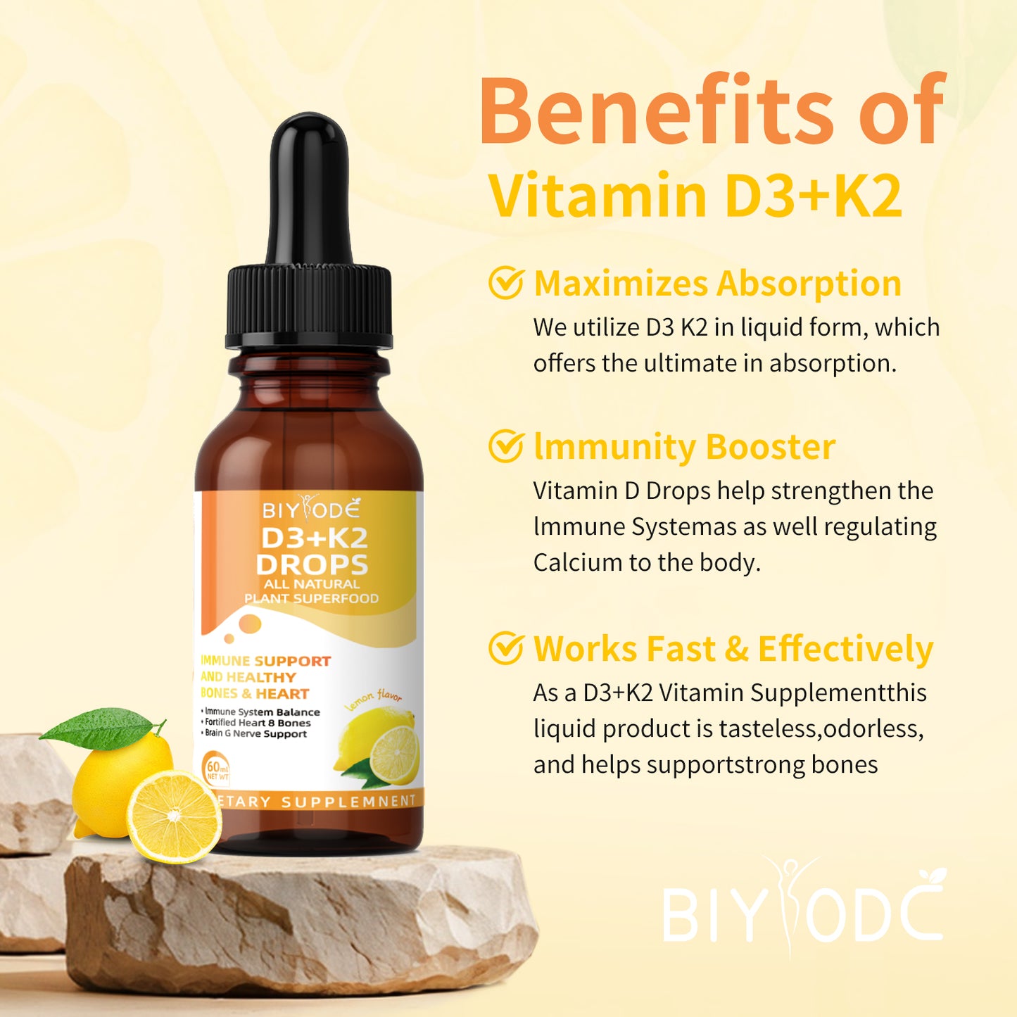 🍋 BIYODE Vitamin D3+K2 Drops | The Golden Guardian for Bones and Heart