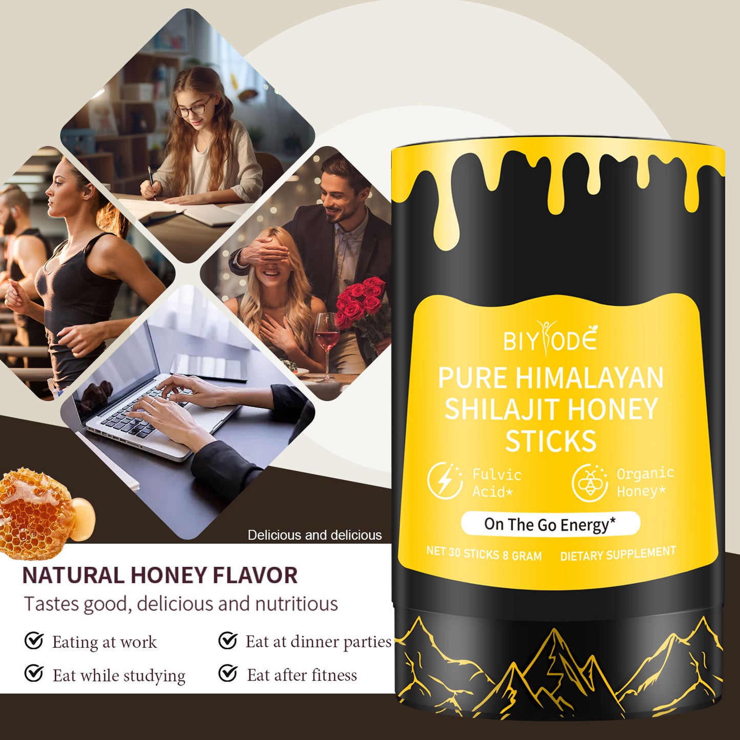 BIYODE Shilajit Honey Sticks - Natural Energy Supplement with Saffron