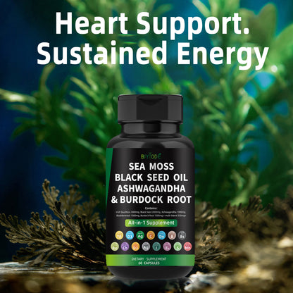 🌿 BIYODE Sea Moss, Black Seed Oil, Ashwagandha & Burdock Root Capsules | All-in-One Natural Plant-Based Energy