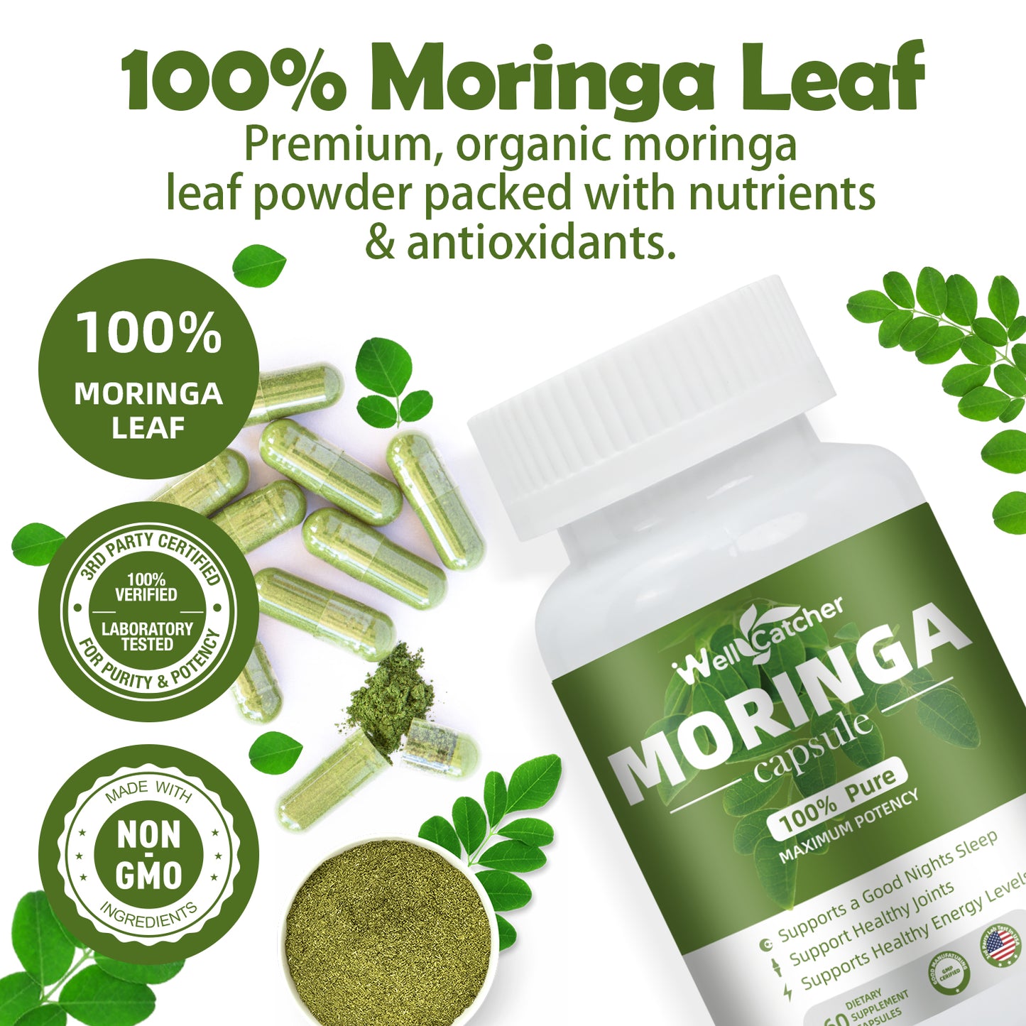 WellCatcher Moringa Capsules | 100% Organic Moringa Leaf for Energy, Sleep & Joint Support | Non-GMO, 60ct