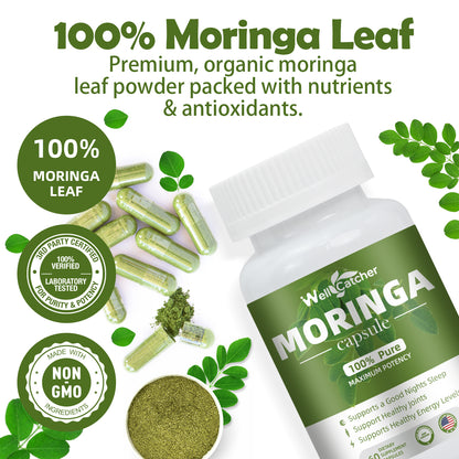 WellCatcher Moringa Capsules | 100% Organic Moringa Leaf for Energy, Sleep & Joint Support | Non-GMO, 60ct
