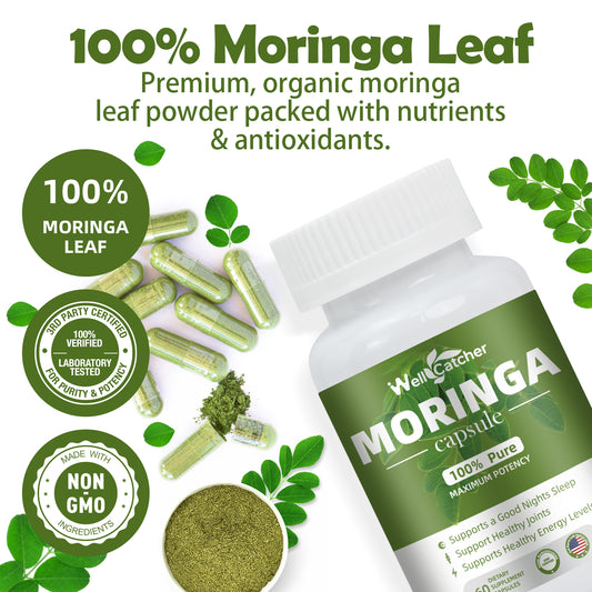 WellCatcher Moringa Capsules | 100% Organic Moringa Leaf for Energy, Sleep & Joint Support | Non-GMO, 60ct