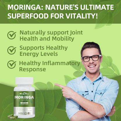 WellCatcher Moringa Capsules | 100% Organic Moringa Leaf for Energy, Sleep & Joint Support | Non-GMO, 60ct