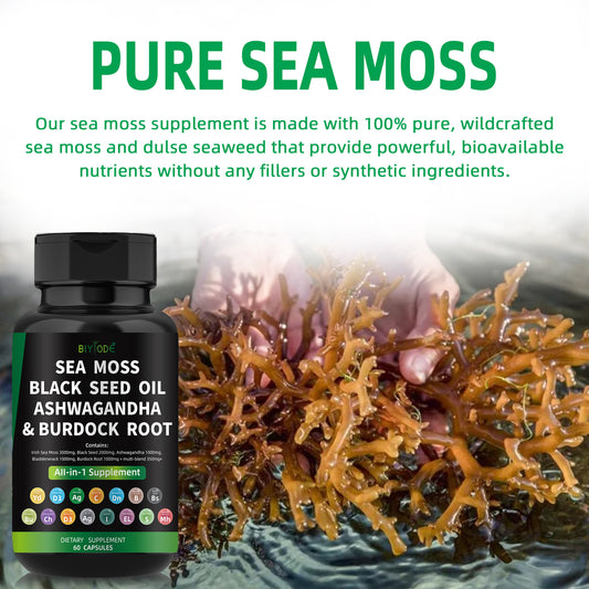 🌿 BIYODE Sea Moss, Black Seed Oil, Ashwagandha & Burdock Root Capsules | All-in-One Natural Plant-Based Energy