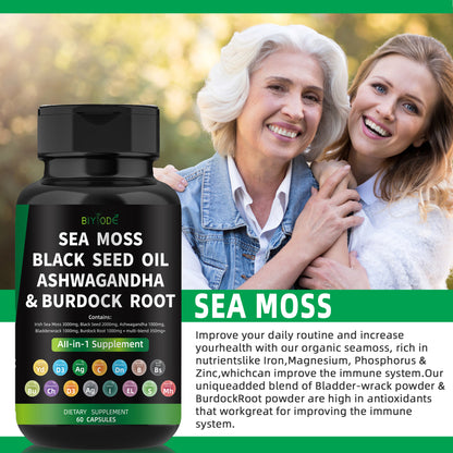 🌿 BIYODE Sea Moss, Black Seed Oil, Ashwagandha & Burdock Root Capsules | All-in-One Natural Plant-Based Energy