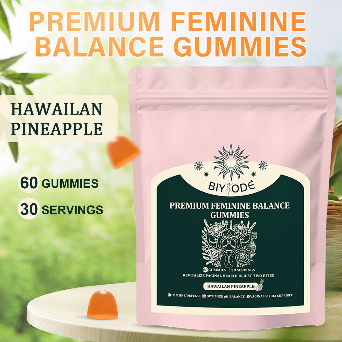 BIYODÉ Premium Feminine Balance Gummies | 1 Billion CFUs, Vegan, No Added Sugar | Hawaiian Pineapple, 60 Count