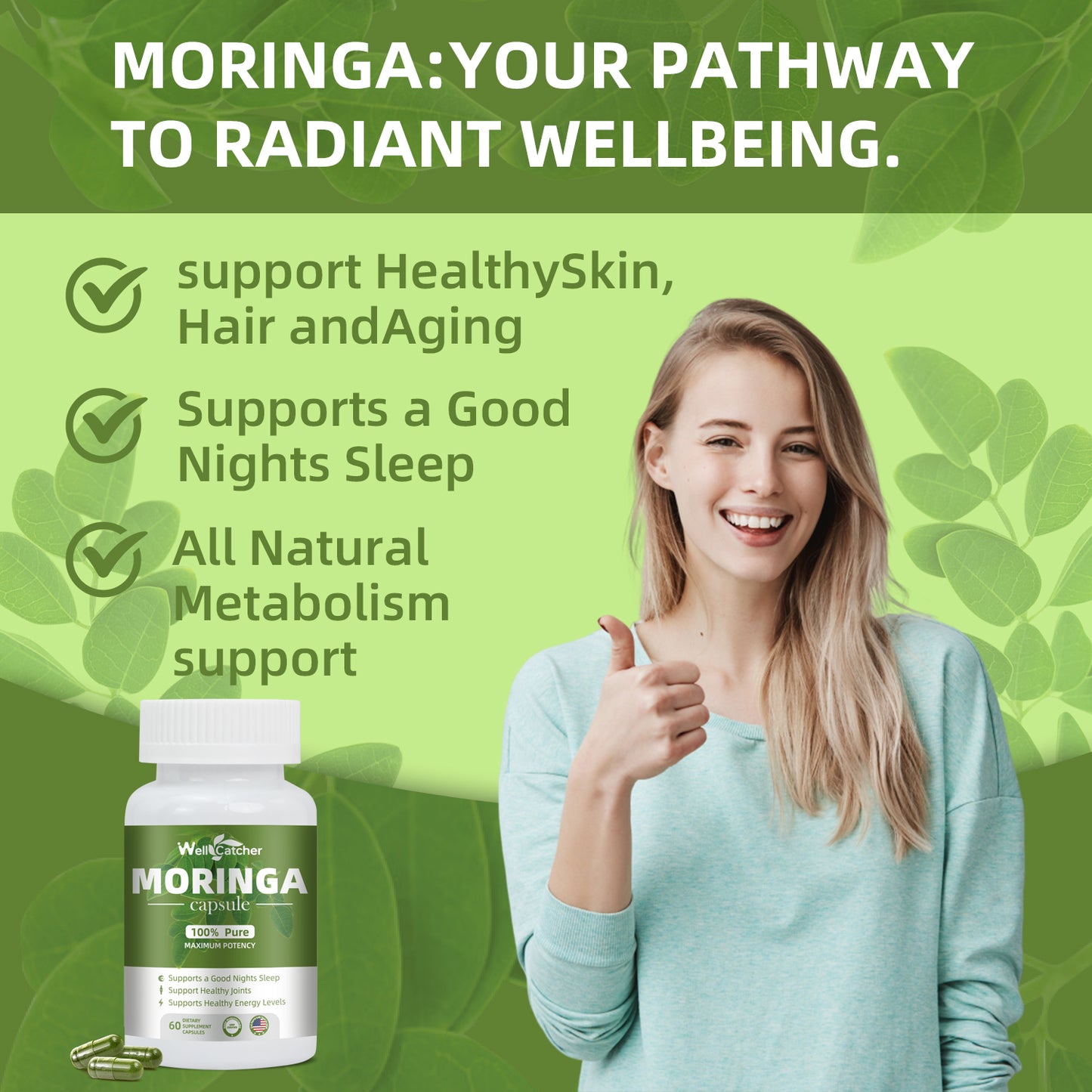 WellCatcher Moringa Capsules | 100% Organic Moringa Leaf for Energy, Sleep & Joint Support | Non-GMO, 60ct