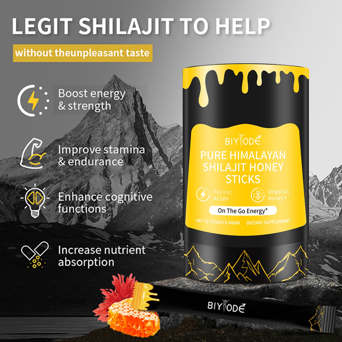 BIYODE Shilajit Honey Sticks - Natural Energy Supplement with Saffron