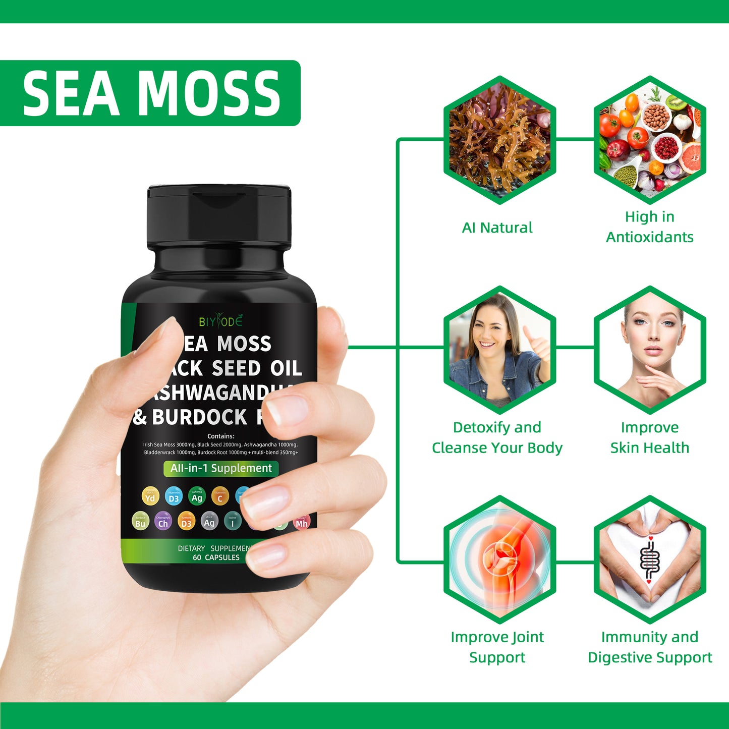 🌿 BIYODE Sea Moss, Black Seed Oil, Ashwagandha & Burdock Root Capsules | All-in-One Natural Plant-Based Energy