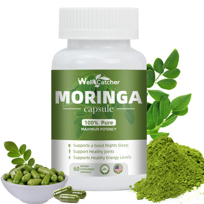 WellCatcher Moringa Capsules | 100% Organic Moringa Leaf for Energy, Sleep & Joint Support | Non-GMO, 60ct