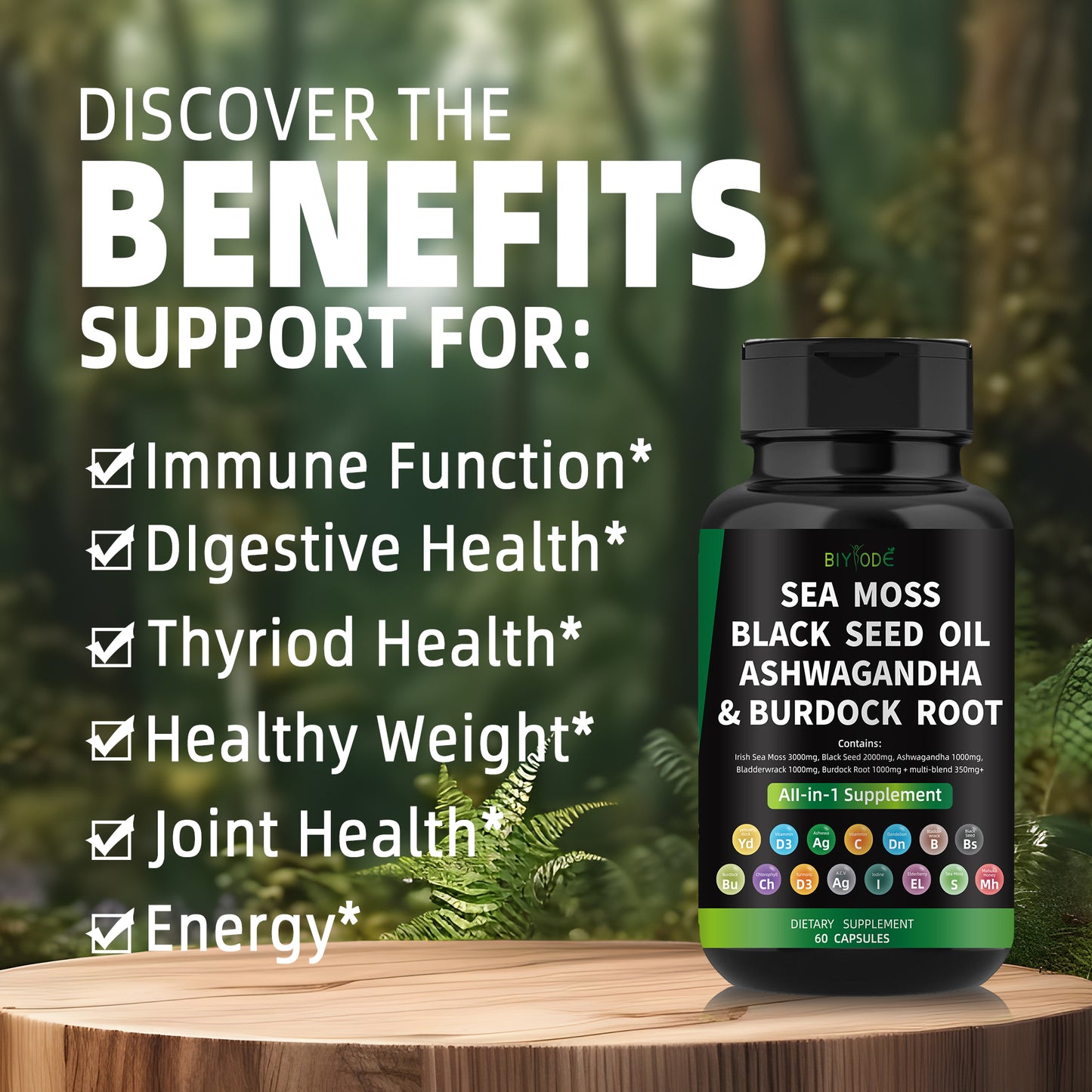 🌿 BIYODE Sea Moss, Black Seed Oil, Ashwagandha & Burdock Root Capsules | All-in-One Natural Plant-Based Energy