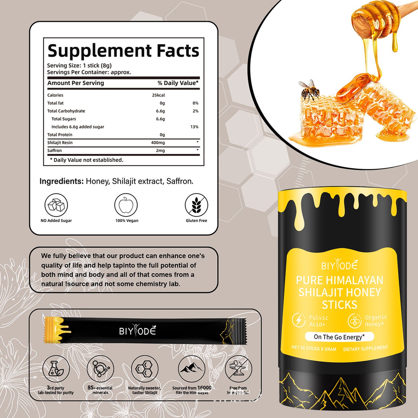 BIYODE Shilajit Honey Sticks - Natural Energy Supplement with Saffron